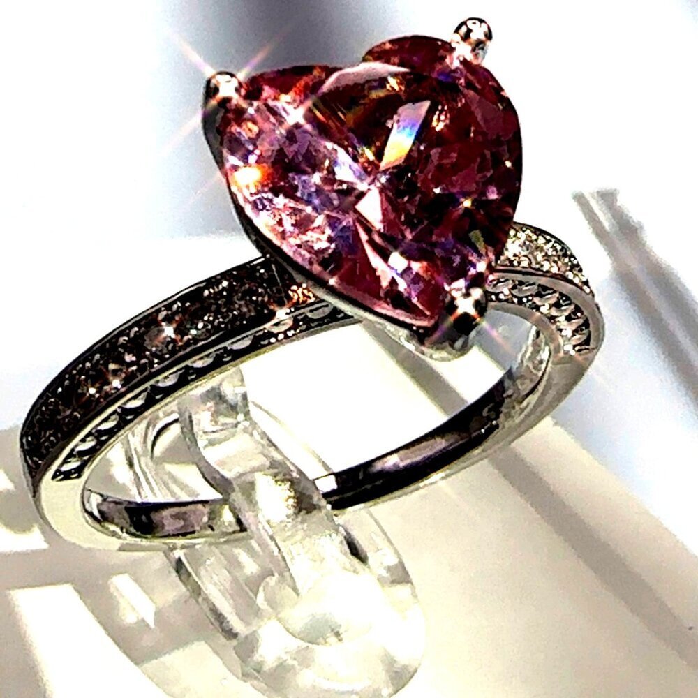Pink Cubic Zirconia Heart Cut Ring Silver Tone Size 7